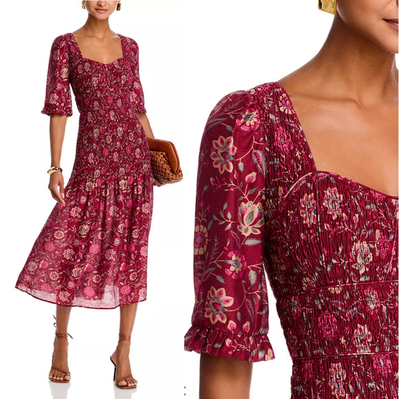 Sea New York Dresses & Skirts - Sea New York 2 Famke $445 Smocked Sweetheart Midi Dress Floral Cottagecore Red